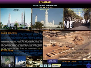 112
112
KE TOPIK
ZIYARAH
MADINAH DAN SEKITARNYA
MASJID
QIBLATAIN
MASJID QUBA MASJID BIR ALI DI ZULHULAIFAH
(SALAH SATU TEMPAT MIQAT
HAJI/UMRAH)
KOMPLEKS PEMAKAMAN PARA SYUHADA PERANG
UHUD, TERMASUK HAMZAH, PAMAN RASULULLAH
SAW YANG GUGUR DALAM PERANG TERSEBUT.
KONON, 40 TAHUN SETELAH PERANG UHUD,
DATARAN UHUD TERKENA BANJIR BESAR SEHINGGA
MAKAM PARA SYUHADA UHUD TERSINGKAP.
SUBHANALLAAH …… JASAD MEREKA MASIH UTUH.
MASJID UHUD
MASJID QIBLATAIN, DIKENAL DENGAN MASJID 2 KIBLAT KARENA
DULU KETIKA RASULUULLAH SHALAT DHUHUR (RIWAYAT LAIN
MENGATAKAN ASHAR), SELESAI RAKA’AT KEDUA, TURUN WAHYU
KEPADA BELIAU AGAR MEMINDAHKAN KIBLAT DARI BAITUL MAQDIS KE
MASJIDIL HARAM. PADA RAKA’AT KE 3 KIBLAT SHALAT BELIAU SUDAH
PINDAH KE MASJIDIL HARAM. “Sungguh Kami (sering) melihat mukamu
menengadah ke langit, maka sungguh Kami akan memalingkan kamu ke kiblat
yang kamu sukai. Palingkanlah mukamu ke arah Masjidil Haram. Dan di mana
saja kamu berada, palingkanlah mukamu ke arahnya. Dan sesungguhnya orang-
orang (Yahudi dan Nasrani) yang diberi Al Kitab (Taurat dan Injil) memang
mengetahui, bahwa berpaling ke Masjidil Haram itu adalah benar dari Tuhannya;
dan Allah sekali-kali tidak lengah dari apa yang mereka kerjakan”. (QS AL-
BAQARAH : 144)
DATARAN UHUD, LOKASI TERJADINYA
PERANG UHUD DIMANA RASULULLAH SAW
TERLUKA PARAH, BAHKAN JUBAH PERANGNYA
PECAH, GIGINYA RONTOK.
MASJID QUBA, INI MERUPAKAN MESJID YANG PERTAMA KALI
DIDIRIKAN KETIKA RASULULLAH SAW DALAM PERJALANAN HIJRAH
SEBELUM MENCAPAI YATHRIB (MADINAH). DIKISAHKAN PULA BAHWA
TIAP HARI SABTU RASULULLAH SAW SERING MENGUNJUNGI MESJID INI.
LIHAT SLIDE
BERIKUTNYA
 