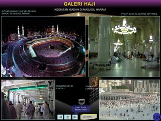 KE TOPIK
GALERI HAJI
KEGIATAN IBADAH DI MASJIDIL HARAM
JUTAAN JAMAAH HAJI MELAKUKAN
SHALAT DI MASJIDIL HARAM
SUASANA SA’I DI
LANTAI I
THAWAF DI
LANTAI ATAP
I’TIKAF, BACA AL-QUR’AN, QIYYAMUL
LAIL
LIHAT SLIDE
BERIKUTNYA
124
 
