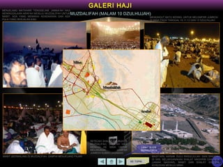 128KE TOPIK
GALERI HAJI
MUZDALIFAH (MALAM 10 DZULHIJJAH)
MENJELANG MATAHARI TENGGELAM, JAMAA’AH HAJI
MENINGGALKAN ARAFAH MENUJU MUZDALIFAH UNTUK
MABIT, ADA YANG MEMAKAI KENDARAAN DAN ADA
PULA YANG BERJALAN KAKI
MEMUNGUT BATU KERIKIL UNTUK MELEMPAR JUMROH
DI MINA PADA TANGGAL 10,11,12 DAN 13 DZULHIJJAH
MASY’ARIL HARAM. DULU RASULULLAH SAW SINGGAH
DI SINI, MELAKSANAKAN SHALAT MAGHRIB DAN ISYA’
(JAMAK QASHAR), MABIT DAN SHALAT SHUBUH,
KEMUDIAN MENUJU MINA.
MABIT (BERMALAM) DI MUZDALIFAH, SAMPAI MENJELANG FAJAR
SETELAH SHALAT SHUBUH DI
MUZDALIFAH, JAMA’AH HAJI
MENUJU KE MINA UNTUK
MELAKUKAN LEMPAR
JUMROH KUBRO (AQABAH)
LIHAT SLIDE
BERIKUTNYA
 