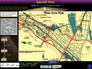 KE TOPIK
GALERI HAJI
MINA (10, 11, 12, 13 DZULHIJJAH)
PETA MINA
TANDA BATAS AREA MINA.
MABIT DI MINA HARUS DI
DALAM AREA MINA
BAGI JAMAAH HAJI YANG
BERNIAT MENGAMBIL NAFAR
AWWAL, LEMPAR JUMROH
DILAKUKAN TANGGAL
10,11,12 DZULHIJJAH. PADA
HARI TERAKHIR SEBELUM
MATAHARI TENGGELAM
HARUS SUDAH
MENINGGALKAN MINA. BILA
TIDAK, HARUS MENGAMBIL
NAFAR TSANI, YAITU
MELEMPAR JUMROH HINGGA
TGL 13 DZULHIJJAH.
AQABAH
WUSTHO
ULA
195 meter
150 meter
JARAK ANTAR
JUMROH
SETIAP LEMPARAN KERIKIL,
DISUNNAHKAN MEMBACA :
“Bismillaahi Allaahu Akbar”
MULAI FAJAR PADA HARI TARWIYAH (8 DZULHIJJAH),
HINGGA FAJAR TANGGAL 9 DZULHIJJAH, JAMAAH HAJI
TINGGAL DI MINA DALAM KONDISI IHRAM.
LIHAT SLIDE
BERIKUTNYA
129
 