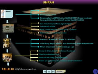 Mandi
Memakai Baju Ihrom
Mengucapkan LABBAIKA ALLAHUMMA UMROTAN,saat kendaraan
berangkat (dilanjutkan talbiyah sampai Masjidil HARAM)
THAWAF
Doa masuk masjid, Masuk dg kaki kanan
Lakukanlah idhtiba’
Mulai Thawaf dari Hajr Aswad (doa) , 7 putaran
Selesai Thawaf, tutup kedua bahu
Rokaat 1 = Al Kaafirun , Rokaat 2 = Al Ikhlas
di belakang Maqom Ibrahim , atau dimana saja dalam Masjidil Haram
Minum air Zam-zam sambil berdoa apa saja
SHOLAT
Dimulai di Shafa, berakhir di Marwa (7 putaran)
Tidak harus keadaan Suci
Sunah lari kecil bagi pria (tiang hijau)
Berdoa apa saja,dzikir atau membaca Quran selama Sa’i
( HALAL Semua larangan Ihrom)
MIQAT
SA’I
UMRAH
TAHALUL
KE TOPIK
18
 