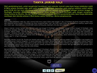 KE TOPIK
TANYA JAWAB HAJI
LIHAT SLIDE
BERIKUTNYA
Oleh pembimbing kami, untuk menghindari kecelakaan saat melontar Jumroh maka kami hanya melakukan mabit
di Mina selama semalam saja, yaitu pada tanggal 12 Dzulhijjah, kemudian pada paginya sebelum subuh sekitar
pukul 02.00 dini hari kami dibimbing untuk melontar Jumroh Aqobah yang dianggap sebagai lontaran tanggal 10
Dzulhijjah, kemudian dilanjutkan dengan lontaran untuk tanggal 11, 12,13 Dzulhijjah yaitu dengan mengulang-
ulang lontaran ke Wustho, Ula dan Aqobah sebanyak 3 putaran. Menurut pembimbing kami, kami hanya dikenakan
membayar dam (denda) sebesar 2 Mud (bukan seekor kambing ). Mohon penjelasannya .
JAWAB :
Mabit di Mina merupakan wajib haji, maka minimal Anda harus mabit di Mina pada tanggal 11 dan 12 Dzulhijjah jika Anda mengambil Nafar Awal,
atau maksimal sampai tanggal 13 Dzulhijjah jika Anda mangambil Nafar Tsani. Jika Anda mabit di Mina tak sebagaimana mestinya, seperti hanya
satu malam saja, maka Anda harus menyembelih seekor kambing atau sepertujuh unta atau sapi di Mekkah.
Adapun melontar Jumrah Aqobah yang dilakukan pada pagi tanggal 12 Dzulhijjah yang dianggap sebagai lontaran tanggal 10 Dzulhijjah, maka
lontarannya dianggap terlambat, sebab batas akhir melontar Jumrah Aqobah untuk tanggal 10 Dzulhijjah adalah sampai akhir siang tanggal 10
Dzulhijjah, dalilnya adalah: "Seorang laki-laki berkata kepada Nabi saw, saya melontar setelah saya ada di sore hari. Maka Nabi menjawab, tak
mengapa.". Akibatnya Anda telah mengakhirkan wajib haji dan menurut mazhab Hanafi dan Maliki Anda harus menyembelih satu ekor kambing.
Adapun menurut mazhab Syafi'i dan Hanbali Anda tak diwajibkan menyembelih seekor kambing, sebab keterlambatan Anda masih pada hari-hari
Tasyriq, yaitu 11, 12 dan 13 Dzulhijjah.
Kemudian melontar Jumrah Ula, Wushta dan Aqobah pada tanggal 11, 12 dan 13 Dzulhijjah waktunya setelah Zawwal (matahari mulai tergelincir ke
arah barat) sampai matahari tenggelam. Ini sesuai keterangan Ibnu Abbas, Bahwa Rasulullah saw telah melontar Jumrah ketika matahari tergelincir
ke arah barat.. Namun demikian, pada saat ini jumlah jamaah haji makin banyak, sehingga ketika melontar jumrah memicu banyak korban, dalam
hal ini dibolehkan baginya untuk melontar jumrah sebelum zawwal, pendapat kebolehan ini dikemukakan oleh tiga imam besar dari golongan tabi'in
yaitu 'Atha Bin Abi Rabah, Thawuf dan Abu Ja'far Al-Baqir.
Mencermati cara melontar Anda yang dilakukan pada tanggal 12 Dzulhijjah, dimana Anda melontar sekaligus untuk tanggal 11, 12 dan 13 Dzulhijjah,
maka berarti lontaran Anda untuk tanggal 11 dan 12 Dzulhijjah mengalami keterlambatan, sedangkan Anda mempercepat lontaran Anda untuk
tanggal 13, artinya Anda melontar sebelum zawwal. Karena itu lontaran Anda untuk tanggal 11 dan 12, menurut mazhab Syafi'i dan Hanafi
hukumnya sah, adapun lontaran Anda untuk tanggal 13, menurut pendapat tiga imam besar tabi'in di atas maka lontaran sah. Namun demikian perlu
diperhatikan bahwa berbagai keringanan yang Anda lakukan dalam melontar itu akan mengurangi keutamaan ibadah haji Anda, dan sebenarnya
keringanan itu hanya diperuntukkan bagi mereka yang lemah, lansia, wanita hamil dan sejenisnya.Wallahua'lam
56
 