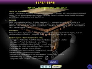 KE TOPIK
LIHAT SLIDE
BERIKUTNYA
SERBA-SERBI
MENGENAL MUHAMMAD SAW LEBIH DEKAT
1. Tempat dan tanggal lahir
Mekkah, Senin 12 Rabi’ul Awal tahun 570 M, bertepatan dengan 17 Juni 570. Hari kelahiran tersebut bertepatan
dengan : 40 hari setelah pasukan gajah Abrahah menyerang Ka’bah, 2585 tahun setelah periode Nabi Ibrahim
as, 2675 tahun setelah periode banjir Nabi Nuh as.
2. Meninggal
Beliau meninggal pada hari Senin 12 Rabi’ul Awal tahun 11 H, bertepatan dengan 8 Juni tahun 632 M di
Madinah, dimakamkan di rumah ‘Aisyah (istrinya) di samping masjid Nabawi waktu itu. Total umur beliau adalah
63 tahun 0 bulan 4 hari 6 jam, atau total 22330 hari atau 535924 jam. Beliau tinggal di Mekkah selama 53 tahun
dan di Madinah selama 10 tahun.
3 Paman beliau
Ada 2 orang, hanya 2 yang masuk Islam, yaitu Sayidina Hamzah ra (gugur syahid dalam Perang Uhud) dan
Sayidina Abbas ra. Sedangkan 2 orang tidak masuk Islam, yaitu Abu Thalib dan Abu Lahab.
4 Kejadian-kejadian sebelum masa kenabian beliau
- Meninggalnya Abdullah bin Abdul Muthalib (ayahanda beliau) --- sebelum belia lahir
- Meninggalnya Aminah (ibunda beliau) --- umur 6 tahun
- Meninggalnya kakek beliau (Abdul Muthalib) --- umur 8 tahun
- Pertama kali ikut kafilah dagang ke Syam (Syria) --- umur 13 tahun
- Pertama kali ikut beperang ---- umur 15 tahun
- Perjalanan kafilah dagang bersama Khadijah --- umur 23 tahun
- Menikah dengan Khadijah --- umur 25 tahun
- Menyelesaikan konflik peletakan batu Hajar Aswad di Ka’bah --- umur 35 tahun
- Pertama kali pergi ke Gua Hira --- umur 36 tahun
- Memperoleh wahyu kenabian --- umur 40 tahun
90
 