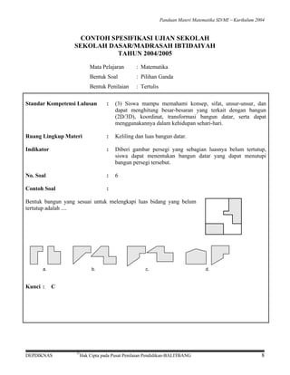 Panduan Materi Matematika SD/MI − Kurikulum 2004

CONTOH SPESIFIKASI UJIAN SEKOLAH
SEKOLAH DASAR/MADRASAH IBTIDAIYAH
TAHUN 2004/2005
Mata Pelajaran

: Matematika

Bentuk Soal

: Pilihan Ganda

Bentuk Penilaian

: Tertulis

Standar Kompetensi Lulusan

:

(3) Siswa mampu memahami konsep, sifat, unsur-unsur, dan
dapat menghitung besar-besaran yang terkait dengan bangun
(2D/3D), koordinat, transformasi bangun datar, serta dapat
menggunakannya dalam kehidupan sehari-hari.

Ruang Lingkup Materi

:

Keliling dan luas bangun datar.

Indikator

:

Diberi gambar persegi yang sebagian luasnya belum tertutup,
siswa dapat menentukan bangun datar yang dapat menutupi
bangun persegi tersebut.

No. Soal

:

6

Contoh Soal

:

Bentuk bangun yang sesuai untuk melengkapi luas bidang yang belum
tertutup adalah ....

a.

Kunci :

b.

c.

d.

C

DEPDIKNAS

©

Hak Cipta pada Pusat Penilaian Pendidikan-BALITBANG

8

 