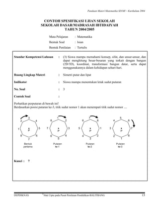 Panduan Materi Matematika SD/MI − Kurikulum 2004

CONTOH SPESIFIKASI UJIAN SEKOLAH
SEKOLAH DASAR/MADRASAH IBTIDAIYAH
TAHUN 2004/2005
Mata Pelajaran

: Matematika

Bentuk Soal

: Isian

Bentuk Penilaian

: Tertulis

Standar Kompetensi Lulusan

:

(3) Siswa mampu memahami konsep, sifat, dan unsur-unsur, dan
dapat menghitung besar-besaran yang terkait dengan bangun
(2D/3D), koordinat, transformasi bangun datar, serta dapat
menggunakannya dalam kehidupan sehari-hari.

Ruang Lingkup Materi

:

Simetri putar dan lipat

Indikator

:

Siswa mampu menentukan letak sudut putaran

No. Soal

:

3

Contoh Soal

:

Perhatikan perputaran di bawah ini!
Berdasarkan posisi putaran ke-3, titik sudut nomor 1 akan menempati titik sudut nomor ....
3
2

8

4

1
8

7

5

P
6
Bentuk
pertama

Kunci :

2

4
5
Putaran
ke-1

6
3

P
6

7

1

5

7

8
1

P
4

4

2
3
Putaran
ke-2

3

5

6
7

P
2

8
1
Putaran
ke-3

7

DEPDIKNAS

©

Hak Cipta pada Pusat Penilaian Pendidikan-BALITBANG

13

 