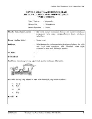 Panduan Materi Matematika SD/MI − Kurikulum 2004

CONTOH SPESIFIKASI UJIAN SEKOLAH
SEKOLAH DASAR/MADRASAH IBTIDAIYAH
TAHUN 2004/2005
Mata Pelajaran

: Matematika

Bentuk Soal

: Pilihan Ganda

Bentuk Penilaian

: Tertulis

Standar Kompetensi Lulusan

:

(2) Siswa mampu memahami konsep dan mampu melakukan
pengukuran serta dapat menggunakannya dalam kehidupan
sehari-hari.

Ruang Lingkup Materi

:

Satuan berat.

Indikator

:

Diberikan gambar timbangan dalam keadaan setimbang, dan salah
satu berat anak timbangan tidak diketahui, siswa dapat
menentukan berat anak timbangan tersebut.

No. Soal

:

3

Contoh Soal

:

Pak Damar menimbang bawang seperti pada gambar timbangan dibawah ini.

Bila berat bawang 3 kg, berapakah berat anak timbangan yang belum diketahui?
a.
b.
c.

d.
Kunci :

0,5 gr
5 gr
1
kg
2
1 kg
C

DEPDIKNAS

©

Hak Cipta pada Pusat Penilaian Pendidikan-BALITBANG

5

 