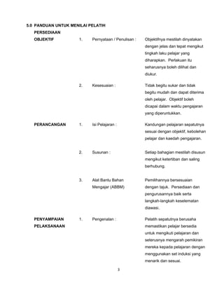 5.0 PANDUAN UNTUK MENILAI PELATIH
   PERSEDIAAN
   OBJEKTIF           1.   Pernyataan / Penulisan :   Objektifnya mestilah dinyatakan
                                                      dengan jelas dan tepat mengikut
                                                      tingkah laku pelajar yang
                                                      diharapkan. Perlakuan itu
                                                      seharusnya boleh dilihat dan
                                                      diukur.

                      2.   Kesesuaian :               Tidak begitu sukar dan tidak
                                                      begitu mudah dan dapat diterima
                                                      oleh pelajar. Objektif boleh
                                                      dicapai dalam waktu pengajaran
                                                      yang diperuntukkan.

   PERANCANGAN        1.   Isi Pelajaran :            Kandungan pelajaran sepatutnya
                                                      sesuai dengan objektif, kebolehan
                                                      pelajar dan kaedah pengajaran.


                      2.   Susunan :                  Setiap bahagian mestilah disusun
                                                      mengikut ketertiban dan saling
                                                      berhubung.


                      3.   Alat Bantu Bahan           Pemilihannya bersesuaian
                           Mengajar (ABBM)            dengan tajuk. Persediaan dan
                                                      pengurusannya baik serta
                                                      langkah-langkah keselematan
                                                      diawasi.

   PENYAMPAIAN        1.   Pengenalan :               Pelatih sepatutnya berusaha
   PELAKSANAAN                                        memastikan pelajar bersedia
                                                      untuk mengikuti pelajaran dan
                                                      seterusnya mengarah pemikiran
                                                      mereka kepada pelajaran dengan
                                                      menggunakan set induksi yang
                                                      menarik dan sesuai.

                                             3
 