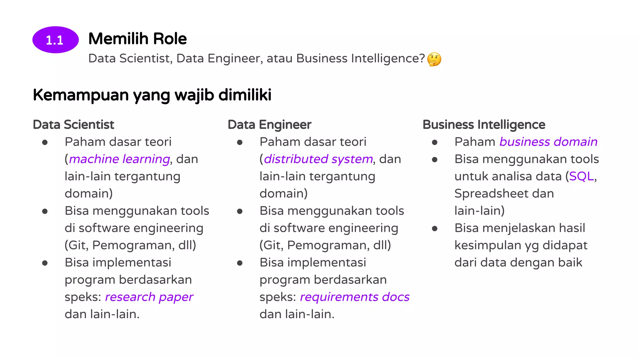 1.1 Memilih Role
Data Scientist, Data Engineer, atau Business Intelligence?
Kemampuan yang wajib dimiliki
Data Scientist
● Paham dasar teori
(machine learning, dan
lain-lain tergantung
domain)
● Bisa menggunakan tools
di software engineering
(Git, Pemograman, dll)
● Bisa implementasi
program berdasarkan
speks: research paper
dan lain-lain.
Data Engineer
● Paham dasar teori
(distributed system, dan
lain-lain tergantung
domain)
● Bisa menggunakan tools
di software engineering
(Git, Pemograman, dll)
● Bisa implementasi
program berdasarkan
speks: requirements docs
dan lain-lain.
Business Intelligence
● Paham business domain
● Bisa menggunakan tools
untuk analisa data (SQL,
Spreadsheet dan
lain-lain)
● Bisa menjelaskan hasil
kesimpulan yg didapat
dari data dengan baik
 