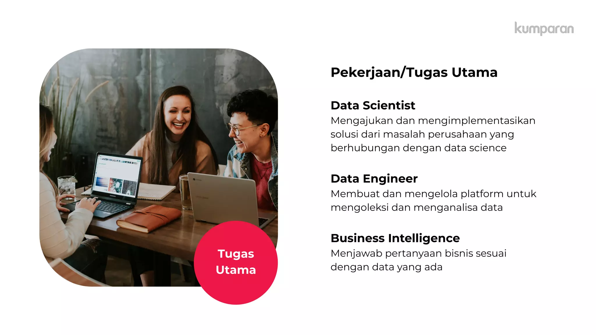 caption,
Lorem
Ipsum
Pekerjaan/Tugas Utama
Data Scientist
Mengajukan dan mengimplementasikan
solusi dari masalah perusahaan yang
berhubungan dengan data science
Data Engineer
Membuat dan mengelola platform untuk
mengoleksi dan menganalisa data
Business Intelligence
Menjawab pertanyaan bisnis sesuai
dengan data yang ada
Tugas
Utama
 