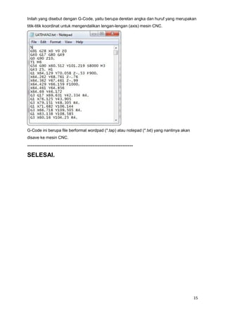 Inilah yang disebut dengan G-Code, yaitu berupa deretan angka dan huruf yang merupakan
titik-titik koordinat untuk mengendalikan lengan-lengan (axis) mesin CNC.




G-Code ini berupa file berformat wordpad (*.tap) atau notepad (*.txt) yang nantinya akan
disave ke mesin CNC.
------------------------------------------------------------
SELESAI.




                                                                                           15
 