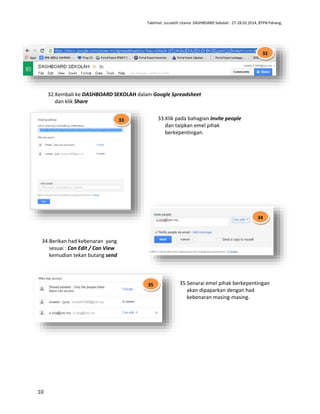 Taklimat Jurulatih Utama DASHBOARD Sekolah : 27-28.02.2014, BTPN Pahang.

32

32.Kembali ke DASHBOARD SEKOLAH dalam Google Spreadsheet
dan klik Share
33.Klik pada bahagian Invite people
dan taipkan emel pihak
berkepentingan.

33

34

34.Berikan had kebenaran yang
sesuai : Can Edit / Can View
kemudian tekan butang send

35

10

35.Senarai emel pihak berkepentingan
akan dipaparkan dengan had
kebenaran masing-masing.

 
