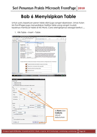 Seri Penuntun Praktis Microsoft FrontPage                           2010


                Bab 6 Menyisipkan Table
      Untuk suatu keperluan peran table disini juga sangat diperlukan. Untuk itulan
      Ms FrontPages juga menyediakan fasilitas table yang sangat mudah
      layaknya membuat table di MS Word. Cara selengkapnya sebagai berikut.,.,,

         1. Klik Table – Insert – Table




                                                   Isi Rows dan
                                                   Collums
                                                   sesuai
                                                   kebutuhan




Copyright©Boby Candra(CS) Hak cipta dilindungi undang-undang                 Page 18
 