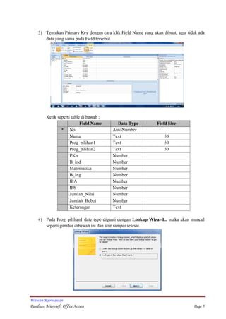 Wawan Kurniawan
Panduan Microsoft Office Access Page 5
3) Tentukan Primary Key dengan cara klik Field Name yang akan dibuat, agar tidak ada
data yang sama pada Field tersebut.
Ketik seperti table di bawah :
Field Name Data Type Field Size
* No AutoNumber
Nama Text 50
Prog_pilihan1 Text 50
Prog_pilihan2 Text 50
PKn Number
B_ind Number
Matematika Number
B_Ing Number
IPA Number
IPS Number
Jumlah_Nilai Number
Jumlah_Bobot Number
Keterangan Text
4) Pada Prog_pilihan1 date type diganti dengan Lookup Wizard... maka akan muncul
seperti gambar dibawah ini dan atur sampai selesai.
 