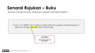 Senarai Rujukan – Buku
Chuah Kee Man@2020 | www.chuahkeeman.com
Covey, S. R. (2020). The 7 habits of highly effective people: Powerful lessons in
personal change (5th ed.). Simon & Schuster.
Jika buku mempunyai edisi, anda perlu nyatakan edisi seperti berikut:
ed. = edition
e adalah huruf kecil.
Maklumat edisi adalah tidak
dicondongkan.
 