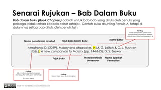 Senarai Rujukan – Bab Dalam Buku
Chuah Kee Man@2020 | www.chuahkeeman.com
Armstrong, D. (2019). Malory and character. In M. G. Leitch & C. J. Rushton
(Eds.), A new companion to Malory (pp. 144-163). D. S. Brewer.
Bab dalam buku (Book Chapters) adalah untuk bab-bab yang ditulis oleh penulis yang
pelbagai (tidak terhad kepada editor sahaja). Contoh buku disunting Penulis A, tetapi di
dalamnya setiap bab ditulis oleh penulis lain.
Tajuk bab dalam Buku
Nama Syarikat
Penerbitan
Muka surat bab
berkenaan
Tajuk Buku
Nama Editor
Nama penulis bab tersebut
Penting:
Untuk nama Editor, permulaan
nama(initials) dinyatakan terlebih
dahulu dan tiada koma sebelum &
Penting:
Eds. = Editors jika lebih daripada
seorang. Jika tidak guna Ed. Sahaja
E = huruf besar
Penting:
Hanya tajuk buku dicondongkan
 