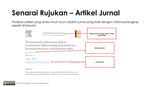 Senarai Rujukan – Artikel Jurnal
Chuah Kee Man@2020 | www.chuahkeeman.com
Pastikan artikel yang anda muat turun adalah jurnal yang baik dengan informasi lengkap
seperti di bawah:
Nama jurnal, volume, tahun, muka
surat artikel
Pautan DOI
Nama penulis
 