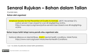 Senarai Rujukan – Bahan dalam Talian
Contoh lain:
Bahan oleh organisasi
Chuah Kee Man@2020 | www.chuahkeeman.com
American Society for the Prevention of Cruelty to Animals. (2019, November 21).
Justice served: Case closed for over 40 dogfighting victims.
https://www.aspca.org/news/justice-served-case-closed-over-40-dogfighting-
victims
National Alliance on Mental Illness. (n.d.). Mental health conditions. NAMI Portal.
https://www.nami.org/Learn-More/Mental-Health-Conditions
Bahan tanpa tarikh tetapi nama penulis atau organisasi ada:
n.d. = no date of publication (tiada tarikh penerbitan)
 