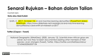 Senarai Rujukan – Bahan dalam Talian
Contoh lain:
Nota atau Slaid Kuliah
Chuah Kee Man@2020 | www.chuahkeeman.com
Smith, C. (2017, October 13). AI and machine learning demystified [PowerPoint slides].
ݺߣShare. /carologic/ai-and-machine-learning-
demystified-by-carol-smith-at-midwest-ux-2017
National Geographic [@NatGeo]. (2020, January 12). Scientists knew African grays are
clever, but now they’ve been documented assisting other members of their
species—even strangers [Tweet]. Twitter. https://twitter.com/NatGeo/status/
1216346352063537154
Twitter (Ciapan – Tweet)
 