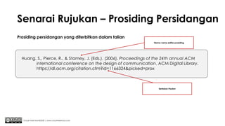 Senarai Rujukan – Prosiding Persidangan
Prosiding persidangan yang diterbitkan dalam talian
Chuah Kee Man@2020 | www.chuahkeeman.com
Huang, S., Pierce, R., & Stamey, J. (Eds.). (2006). Proceedings of the 24th annual ACM
international conference on the design of communication. ACM Digital Library.
https://dl.acm.org/citation.cfm?id=1166324&picked=prox
Sertakan Pautan
Nama-nama editor prosiding
 