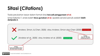 Sitasi (Citations)
Tiada perubahan besar dalam format sitasi kecuali penggunaan et al.
Untuk Edisi Ke-7, anda boleh terus gunakan et al. apabila senarai penulis adalah lebih
daripada 2.
(Andrew, Simon, & Chen, 2020) atau Andrew, Simon dan Chen (2020) Format Edisi 6
Chuah Kee Man@2020 | www.chuahkeeman.com
(Andrew et al., 2020) atau Andrew et al. (2020) Format Edisi 7
Penting:
Tanda koma sebelum tahun
jika sitasi dalam kurungan
Penting:
Tukar ke “and” jika
mengarang dalam BI
 
