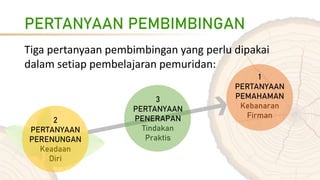 PERTANYAAN PEMBIMBINGAN
Tiga pertanyaan pembimbingan yang perlu dipakai
dalam setiap pembelajaran pemuridan:
1
PERTANYAAN
PEMAHAMAN
Kebanaran
Firman
2
PERTANYAAN
PERENUNGAN
Keadaan
Diri
3
PERTANYAAN
PENERAPAN
Tindakan
Praktis
 