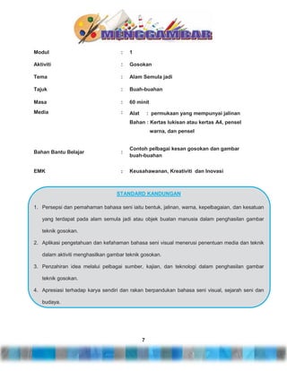 Modul

:

1

Aktiviti

:

Gosokan

Tema

:

Alam Semula jadi

Tajuk

:

Buah-buahan

Masa

:

60 minit

Media

:

Alat

: permukaan yang mempunyai jalinan

Bahan : Kertas lukisan atau kertas A4, pensel
warna, dan pensel

Bahan Bantu Belajar

:

Contoh pelbagai kesan gosokan dan gambar
buah-buahan

EMK

:

Keusahawanan, Kreativiti dan Inovasi

STANDARD KANDUNGAN
1. Persepsi dan pemahaman bahasa seni iaitu bentuk, jalinan, warna, kepelbagaian, dan kesatuan
yang terdapat pada alam semula jadi atau objek buatan manusia dalam penghasilan gambar
teknik gosokan.
2. Aplikasi pengetahuan dan kefahaman bahasa seni visual menerusi penentuan media dan teknik
dalam aktiviti menghasilkan gambar teknik gosokan.
3. Penzahiran idea melalui pelbagai sumber, kajian, dan teknologi dalam penghasilan gambar
teknik gosokan.
4. Apresiasi terhadap karya sendiri dan rakan berpandukan bahasa seni visual, sejarah seni dan
budaya.

7

 