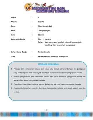 Modul

:

3

Aktiviti

:

Boneka

Tema

:

Alam Semula Jadi

Tajuk

:

Orang-orangan

Masa

:

60 minit

Jenis-jenis Media

:

Alat

: gunting

Bahan : kain perca,gam botol air mineral, benang bulu
kambing dan bahan lain yang sesuai

Bahan Bantu Belajar

:

Contoh boneka

EMK

:

Keusahawanan, Kreativiti dan Inovasi

STANDARD KANDUNGAN
1. Persepsi dan pemahaman bahasa seni visual iaitu bentuk, jalinan,imbangan dan penegasan
yang terdapat pada alam semula jadi atau objek buatan manusia dalam penghasilan boneka.
2. Aplikasi pengetahuan dan kefahaman bahasa seni visual menerusi penggunaan media dan
teknik dalam aktiviti menghasilkan boneka.
3. Penzahiran idea melalui pelbagai sumber, kajian, dan teknologi dalam penghasilan boneka.
4. Apresiasi terhadap karya sendiri dan rakan berpandukan bahasa seni visual, sejarah seni dan
budaya.

43

 