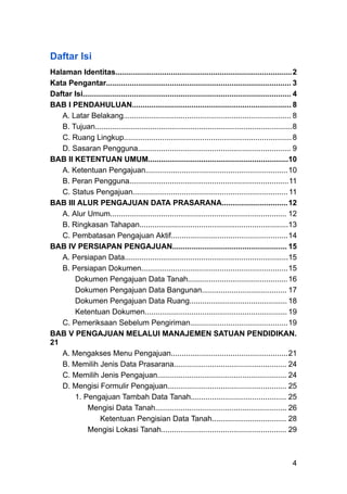 Daftar Isi
Halaman Identitas...................................................................................2
Kata Pengantar....................................................................................... 3
Daftar Isi.................................................................................................. 4
BAB I PENDAHULUAN........................................................................... 8
A. Latar Belakang............................................................................... 8
B. Tujuan.............................................................................................8
C. Ruang Lingkup...............................................................................8
D. Sasaran Pengguna........................................................................ 9
BAB II KETENTUAN UMUM..................................................................10
A. Ketentuan Pengajuan...................................................................10
B. Peran Pengguna...........................................................................11
C. Status Pengajuan......................................................................... 11
BAB III ALUR PENGAJUAN DATA PRASARANA...............................12
A. Alur Umum................................................................................... 12
B. Ringkasan Tahapan......................................................................13
C. Pembatasan Pengajuan Aktif.......................................................14
BAB IV PERSIAPAN PENGAJUAN...................................................... 15
A. Persiapan Data.............................................................................15
B. Persiapan Dokumen.....................................................................15
Dokumen Pengajuan Data Tanah...............................................16
Dokumen Pengajuan Data Bangunan........................................ 17
Dokumen Pengajuan Data Ruang.............................................. 18
Ketentuan Dokumen................................................................... 19
C. Pemeriksaan Sebelum Pengiriman..............................................19
BAB V PENGAJUAN MELALUI MANAJEMEN SATUAN PENDIDIKAN.
21
A. Mengakses Menu Pengajuan.......................................................21
B. Memilih Jenis Data Prasarana..................................................... 24
C. Memilih Jenis Pengajuan............................................................. 24
D. Mengisi Formulir Pengajuan........................................................ 25
1. Pengajuan Tambah Data Tanah............................................. 25
Mengisi Data Tanah.............................................................. 26
Ketentuan Pengisian Data Tanah................................... 28
Mengisi Lokasi Tanah........................................................... 29
4
 