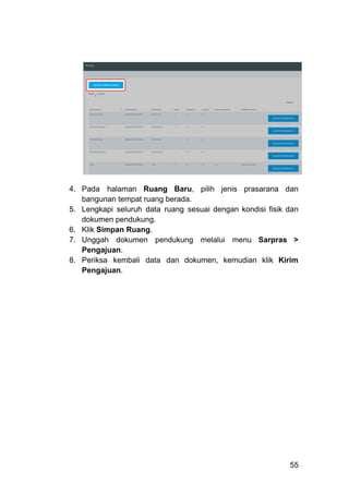 ​
4.​ Pada halaman Ruang Baru, pilih jenis prasarana dan
bangunan tempat ruang berada.
5.​ Lengkapi seluruh data ruang sesuai dengan kondisi fisik dan
dokumen pendukung.
6.​ Klik Simpan Ruang.
7.​ Unggah dokumen pendukung melalui menu Sarpras >
Pengajuan.
8.​ Periksa kembali data dan dokumen, kemudian klik Kirim
Pengajuan.
55
 
