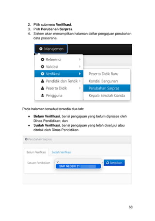 2.​ Pilih submenu Verifikasi.
3.​ Pilih Perubahan Sarpras.
4.​ Sistem akan menampilkan halaman daftar pengajuan perubahan
data prasarana.
Pada halaman tersebut tersedia dua tab:
●​ Belum Verifikasi, berisi pengajuan yang belum diproses oleh
Dinas Pendidikan; dan
●​ Sudah Verifikasi, berisi pengajuan yang telah disetujui atau
ditolak oleh Dinas Pendidikan.
68
 