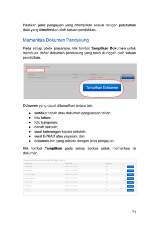 Pastikan jenis pengajuan yang ditampilkan sesuai dengan perubahan
data yang dimohonkan oleh satuan pendidikan.
Memeriksa Dokumen Pendukung
Pada setiap objek prasarana, klik tombol Tampilkan Dokumen untuk
membuka daftar dokumen pendukung yang telah diunggah oleh satuan
pendidikan.
Dokumen yang dapat ditampilkan antara lain:
●​ sertifikat tanah atau dokumen penguasaan tanah;
●​ foto lahan;
●​ foto bangunan;
●​ denah sekolah;
●​ surat keterangan kepala sekolah;
●​ surat BPKAD atau yayasan; dan
●​ dokumen lain yang relevan dengan jenis pengajuan.
Klik tombol Tampilkan pada setiap berkas untuk memeriksa isi
dokumen.
71
 