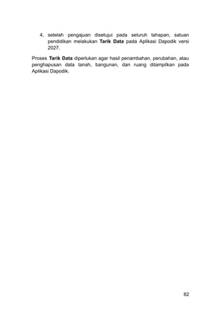 4.​ setelah pengajuan disetujui pada seluruh tahapan, satuan
pendidikan melakukan Tarik Data pada Aplikasi Dapodik versi
2027.
Proses Tarik Data diperlukan agar hasil penambahan, perubahan, atau
penghapusan data tanah, bangunan, dan ruang ditampilkan pada
Aplikasi Dapodik.
82
 