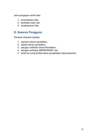 Jenis pengajuan terdiri atas:
1.​ penambahan data;
2.​ perbaikan data; dan
3.​ penghapusan data.
D. Sasaran Pengguna
Panduan ditujukan kepada:
1.​ operator satuan pendidikan;
2.​ kepala satuan pendidikan;
3.​ petugas verifikator Dinas Pendidikan;
4.​ petugas verifikator BBPMP/BPMP; dan
5.​ pihak lain yang terlibat dalam pengelolaan data prasarana.
9
 