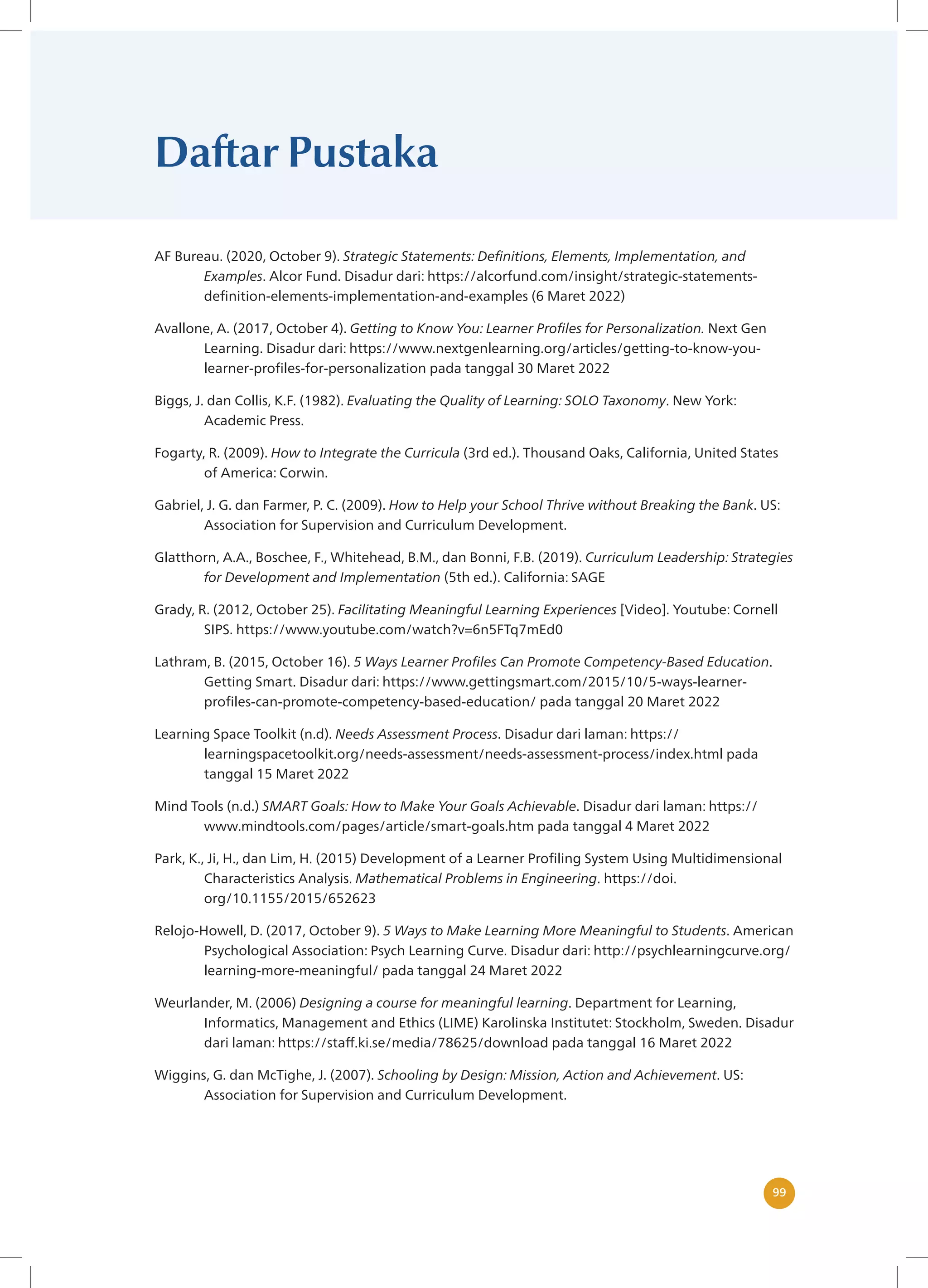 99
99
Daftar Pustaka
AF Bureau. (2020, October 9). Strategic Statements: Definitions, Elements, Implementation, and
Examples. Alcor Fund. Disadur dari: https://alcorfund.com/insight/strategic-statements-
definition-elements-implementation-and-examples (6 Maret 2022)
Avallone, A. (2017, October 4). Getting to Know You: Learner Profiles for Personalization. Next Gen
Learning. Disadur dari: https://www.nextgenlearning.org/articles/getting-to-know-you-
learner-profiles-for-personalization pada tanggal 30 Maret 2022
Biggs, J. dan Collis, K.F. (1982). Evaluating the Quality of Learning: SOLO Taxonomy. New York:
Academic Press.
Fogarty, R. (2009). How to Integrate the Curricula (3rd ed.). Thousand Oaks, California, United States
of America: Corwin.
Gabriel, J. G. dan Farmer, P. C. (2009). How to Help your School Thrive without Breaking the Bank. US:
Association for Supervision and Curriculum Development.
Glatthorn, A.A., Boschee, F., Whitehead, B.M., dan Bonni, F.B. (2019). Curriculum Leadership: Strategies
for Development and Implementation (5th ed.). California: SAGE
Grady, R. (2012, October 25). Facilitating Meaningful Learning Experiences [Video]. Youtube: Cornell
SIPS. https://www.youtube.com/watch?v=6n5FTq7mEd0
Lathram, B. (2015, October 16). 5 Ways Learner Profiles Can Promote Competency-Based Education.
Getting Smart. Disadur dari: https://www.gettingsmart.com/2015/10/5-ways-learner-
profiles-can-promote-competency-based-education/ pada tanggal 20 Maret 2022
Learning Space Toolkit (n.d). Needs Assessment Process. Disadur dari laman: https://
learningspacetoolkit.org/needs-assessment/needs-assessment-process/index.html pada
tanggal 15 Maret 2022
Mind Tools (n.d.) SMART Goals: How to Make Your Goals Achievable. Disadur dari laman: https://
www.mindtools.com/pages/article/smart-goals.htm pada tanggal 4 Maret 2022
Park, K., Ji, H., dan Lim, H. (2015) Development of a Learner Profiling System Using Multidimensional
Characteristics Analysis. Mathematical Problems in Engineering. https://doi.
org/10.1155/2015/652623
Relojo-Howell, D. (2017, October 9). 5 Ways to Make Learning More Meaningful to Students. American
Psychological Association: Psych Learning Curve. Disadur dari: http://psychlearningcurve.org/
learning-more-meaningful/ pada tanggal 24 Maret 2022
Weurlander, M. (2006) Designing a course for meaningful learning. Department for Learning,
Informatics, Management and Ethics (LIME) Karolinska Institutet: Stockholm, Sweden. Disadur
dari laman: https://staff.ki.se/media/78625/download pada tanggal 16 Maret 2022
Wiggins, G. dan McTighe, J. (2007). Schooling by Design: Mission, Action and Achievement. US:
Association for Supervision and Curriculum Development.
 