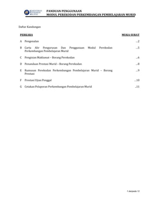 PANDUAN PENGGUNAAN
MODUL PEREKODAN PERKEMBANGAN PEMBELAJARAN MURID
1 daripada 12
Daftar Kandungan
PERKARA MUKA SURAT
A Pengenalan …2
B Carta Alir Pengurusan Dan Penggunaan Modul Perekodan
Perkembangan Pembelajaran Murid
…5
C Pengisian Maklumat – Borang Perekodan …6
D Penandaan Prestasi Murid – Borang Perekodan …8
E Rumusan Perekodan Perkembangan Pembelajaran Murid – Borang
Prestasi
…9
F Prestasi Ujian Penggal …10
G Cetakan Pelaporan Perkembangan Pembelajaran Murid ..11
 