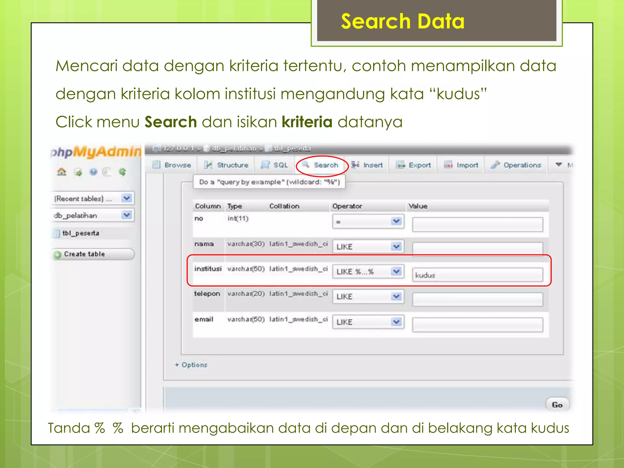 Search Data
Mencari data dengan kriteria tertentu, contoh menampilkan data
dengan kriteria kolom institusi mengandung kata “kudus”
Click menu Search dan isikan kriteria datanya
Tanda % % berarti mengabaikan data di depan dan di belakang kata kudus
 