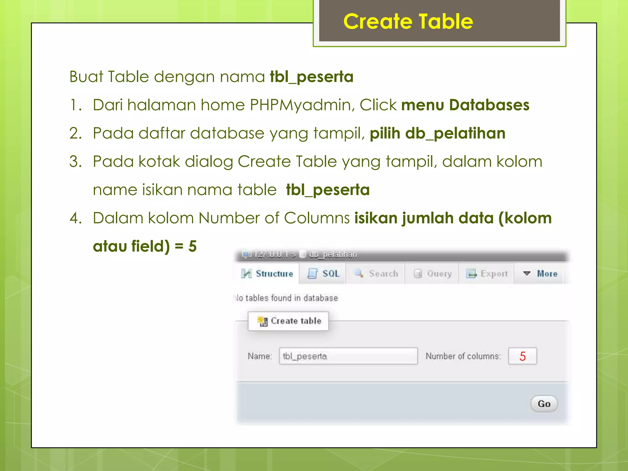 Create Table
Buat Table dengan nama tbl_peserta
1. Dari halaman home PHPMyadmin, Click menu Databases
2. Pada daftar database yang tampil, pilih db_pelatihan
3. Pada kotak dialog Create Table yang tampil, dalam kolom
name isikan nama table tbl_peserta
4. Dalam kolom Number of Columns isikan jumlah data (kolom
atau field) = 5
5
 