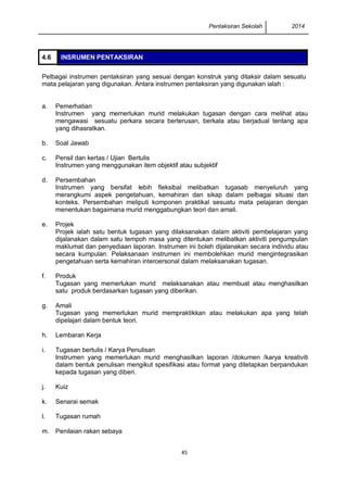 Pentaksiran Sekolah 2014 
45 
4.6 INSRUMEN PENTAKSIRAN 
Pelbagai instrumen pentaksiran yang sesuai dengan konstruk yang ditaksir dalam sesuatu mata pelajaran yang digunakan. Antara instrumen pentaksiran yang digunakan ialah : 
a. 
Pemerhatian 
Instrumen yang memerlukan murid melakukan tugasan dengan cara melihat atau mengawasi sesuatu perkara secara berterusan, berkala atau berjadual tentang apa yang dihasratkan. 
b. 
Soal Jawab 
c. 
Pensil dan kertas / Ujian Bertulis 
Instrumen yang menggunakan item objektif atau subjektif 
d. 
Persembahan 
Instrumen yang bersifat lebih fleksibal melibatkan tugasab menyeluruh yang merangkumi aspek pengetahuan, kemahiran dan sikap dalam pelbagai situasi dan konteks. Persembahan meliputi komponen praktikal sesuatu mata pelajaran dengan menentukan bagaimana murid menggabungkan teori dan amali. 
e. 
Projek 
Projek ialah satu bentuk tugasan yang dilaksanakan dalam aktiviti pembelajaran yang dijalanakan dalam satu tempoh masa yang ditentukan melibatkan aktiviti pengumpulan maklumat dan penyediaan laporan. Instrumen ini boleh dijalanakan secara individu atau secara kumpulan. Pelaksanaan instrumen ini membolehkan murid mengintegrasikan pengetahuan serta kemahiran interoersonal dalam melaksanakan tugasan. 
f. 
Produk 
Tugasan yang memerlukan murid melaksanakan atau membuat atau menghasilkan satu produk berdasarkan tugasan yang diberikan. 
g. 
Amali 
Tugasan yang memerlukan murid mempraktikkan atau melakukan apa yang telah dipelajari dalam bentuk teori. 
h. 
Lembaran Kerja 
i. 
Tugasan bertulis / Karya Penulisan 
Instrumen yang memerlukan murid menghasilkan laporan /dokumen /karya kreativiti dalam bentuk penulisan mengikut spesifikasi atau format yang ditetapkan berpandukan kepada tugasan yang diberi. 
j. 
Kuiz 
k. 
Senarai semak 
l. 
Tugasan rumah 
m. 
Penilaian rakan sebaya 
 