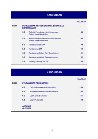 vi 
KANDUNGAN HALAMAN BAB 5 PENTAKSIRAN AKTIVITI JASMANI, SUKAN DAN KOKURIKULUM 5.0 Definisi Pentaksiran Aktiviti Jasmani, Sukan dan Kokurikulum 48 5.1 Komponen Pentaksiran Aktiviti Jasmani, Sukan dan Kokurikulum 48 5.2 Pentaksiran SEGAK 49 5.3 Pentaksiran BMI 50 5.4 Pentaksiran Sukan Dan Kokurikulum 51 5.5 Pentaksiran Aktiviti Ekstrakurikulum 52 5.6 Borang - Borang PAJSK 53 
KANDUNGAN HALAMAN BAB 6 PENTAKSIRAN PSIKOMETRIK 6.0 Definisi Pentaksiran Psikometrik 60 6.1 Komponen Pentaksiran Psikometrik 60 6.2 Ujian Aptitud Khusus 61 6.3 Ujian Personaliti 62 AKRONIM GLOSORI  