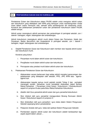 Pentaksiran Aktiviti Jasmani, Sukan dan Kokurikulum 2014 
55 
5.4 PENTAKSIRAN SUKAN DAN KO KURIKULUM 
Pentaksiran Sukan dan Kokurikulum dalam PAJSK adalah untuk mengukur aktiviti sukan dan kokurikulum yang ditetapkan oleh KPM yang bertujuan untuk membangunkan modal insan dalam usaha memupuk nilai, sahsiah serta pembangunan diri seseorang murid. Konstruk dan pelaksanaan pentaksiran sukan dan pentaksiran kokurikulum dalam PAJSK adalah serupa. 
Aktiviti sukan merangkumi aktiviti permainan dan pertandingan di peringkat sekolah, zon / daerah / bahagian, negeri, kebangsaan dan antarabangsa. 
Aktiviti kokurikulum merangkumi aktiviti murid dalam Sukan dan Permainan, Kelab dan Persatuan, Badan Beruniform dan Koakademik di peringkat sekolah, zon / daerah / bahagian, negeri, kebangsaan dan antarabangsa. 
a. 
Objektif Pentaksiran Sukan dan Kokurikulum ialah memberi skor kepada aktiviti sukan dan kokurikulum murid. 
Konstruk yang diukur: 
i. 
Penyertaan murid dalam aktiviti sukan dan kokurikulum. 
ii. 
Penglibatan murid dalam aktiviti sukan dan kokurikulum. 
iii. 
Pencapaian atau prestasi murid dalam aktiviti sukan dan kokurikulum. 
b. 
Pelaksanaan Pentaksiran Sukan dan Kokurikulum: 
i. 
dilaksanakan secara berterusan bagi setiap aktiviti mengikut perancangan dan pelaksanaan yang ditetapkan oleh sekolah, PPD, JPN, KPM atau agensi- agensi luar. 
ii. 
dilaksanakan kepada semua murid sekolah rendah Tahap 2 dan peringkat menengah rendah. Kehadiran murid hendaklah direkodkan dalam Borang Rekod Kehadiran / Penyertaan Untuk Sukan / Kokurikulum / Ekstrakurikulum seperti di Lampiran B atau pada Buku Rekod Kehadiran Kokurikulum. 
iii. 
ditadbir oleh Guru penasihat aktiviti sukan dan guru penasihat kokurikulum 
iv. 
Skor direkod oleh guru penasihat menggunakan Borang Rumusan Aktiviti Sukan / Kokurikulum seperti di Lampiran C. 
v. 
Skor direkodkan oleh guru penasihat / guru kelas dalam Sistem Pengurusan Sekolah sepanjang tahun persekolahan. 
vi. 
Pelaporan dicetak oleh guru kelas dari aplikasi Sistem Pengurusan Sekolah. 
vii. 
Pemberatan wajaran aktiviti sukan dan kokurikulum adalah berdasarkan tiga aspek seperti dalam Jadual ... 
 
