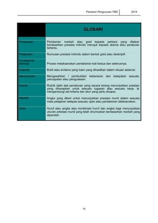 Panduan Pengurusan PBS 2014 
74 
GLOSARI Penskoran Pemberian markah atau gred kepada perkara yang ditaksir berdasarkan prestasi individu merujuk kepada skema atau peraturan tertentu. Pelaporan Rumusan prestasi individu dalam bentuk gred atau deskriptif. Pentaksiran Semula Proses melaksanakan pentaksiran kali kedua dan seterusnya. Autentik Bukti atau evidens yang tulen yang dihasilkan dalam situasi sebenar. Menentusah Mengesahkan / pembuktian kebenaran dan ketepatan sesuatu pencapaian atau penguasaan. Rubrik Rubrik ialah alat penskoran yang secara terang menunjukkan prestasi yang diharapkan untuk sesuatu tugasan atau sesuatu kerja. Ia mengandungi set kriteria dan skor yang perlu dicapai. Markah Angka yang diberi untuk menunjukkan prestasi murid dalam sesuatu mata pelajaran selepas sesuatu ujian atau pentaksiran dilaksanakan. Gred Huruf atau angka atau kombinasi huruf dan angka bagi menunjukkan ukuran prestasi murid yang telah dirumuskan berdasarkan markah yang diperoleh. 
