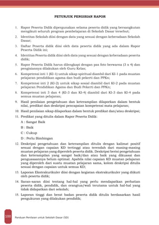PETUNJUK PENGISIAN RAPOR
1.	 Rapor Peserta Didik dipergunakan selama peserta didik yang bersangkutan
mengikuti seluruh program pembelajaran di Sekolah Dasar tersebut;
2.	 Identitas Sekolah diisi dengan data yang sesuai dengan keberadaan Sekolah
Dasar;
3.	 Daftar Peserta didik diisi oleh data peserta didik yang ada dalam Rapor
Peserta Didik ini;
4.	 Identitas Peserta didik diisi oleh data yang sesuai dengan keberadaan peserta
didik;
5.	 Rapor Peserta Didik harus dilengkapi dengan pas foto berwarna (3 x 4) dan
pengisiannya dilakukan oleh Guru Kelas;
6.	 Kompetensi inti 1 (KI-1) untuk sikap spiritual diambil dari KI-1 pada muatan
pelajaran pendidikan agama dan budi pekerti dan PPKn;
7.	 Kompetensi inti 2 (KI-2) untuk sikap sosial diambil dari KI-2 pada muatan
pelajaran Pendidikan Agama dan Budi Pekerti dan PPKn;
8.	 Kompetensi inti 3 dan 4 (KI-3 dan KI-4) diambil dari KI-3 dan KI-4 pada
semua muatan pelajaran;
9.	 Hasil penilaian pengetahuan dan keterampilan dilaporkan dalam bentuk
nilai, predikat dan deskripsi pencapaian kompetensi mata pelajaran;
10.	 Hasil penilaian sikap dilaporkan dalam bentuk predikat dan/atau deskripsi;
11.	 Predikat yang ditulis dalam Rapor Peserta Didik:
A : Sangat Baik
B : Baik
C : Cukup
D : Perlu Bimbingan
12.	 Deskripsi pengetahuan dan keterampilan ditulis dengan kalimat positif
sesuai dengan capaian KD tertinggi atau terendah dari masing-masing
muatan pelajaran yang diperoleh peserta didik. Deskripsi berisi pengetahuan
dan keterampilan yang sangat baik/dan atau baik yang dikuasai dan
penguasaannya belum optimal. Apabila nilai capaian KD muatan pelajaran
yang diperoleh dari suatu muatan pelajaran sama, kolom deskripsi ditulis
sesuai dengan capaian untuk semua KD;
13.	 Laporan Ekstrakurikuler diisi dengan kegiatan ekstrakurikuler yang diikuti
oleh peserta didik;
14.	 Saran–saran diisi tentang hal-hal yang perlu mendapatkan perhatian
peserta didik, pendidik, dan orangtua/wali terutama untuk hal-hal yang
tidak didapatkan dari sekolah;
15.	 Laporan tinggi dan berat badan peserta didik ditulis berdasarkan hasil
pengukuran yang dilakukan pendidik;
Panduan Penilaian untuk Sekolah Dasar (SD)100
 