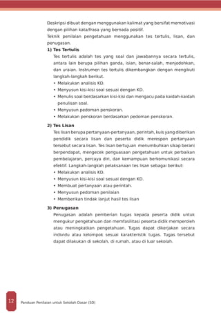 Deskripsi dibuat dengan menggunakan kalimat yang bersifat memotivasi
dengan pilihan kata/frasa yang bernada positif.
Teknik penilaian pengetahuan menggunakan tes tertulis, lisan, dan
penugasan.
1) Tes Tertulis
Tes tertulis adalah tes yang soal dan jawabannya secara tertulis,
antara lain berupa pilihan ganda, isian, benar-salah, menjodohkan,
dan uraian. Instrumen tes tertulis dikembangkan dengan mengikuti
langkah-langkah berikut.
•	Melakukan analisis KD.
•	Menyusun kisi-kisi soal sesuai dengan KD.
•	Menulis soal berdasarkan kisi-kisi dan mengacu pada kaidah-kaidah
penulisan soal.
•	Menyusun pedoman penskoran.
•	Melakukan penskoran berdasarkan pedoman penskoran.
2) Tes Lisan
Tes lisan berupa pertanyaan-pertanyaan, perintah, kuis yang diberikan
pendidik secara lisan dan peserta didik merespon pertanyaan
tersebut secara lisan. Tes lisan bertujuan menumbuhkan sikap berani
berpendapat, mengecek penguasaan pengetahuan untuk perbaikan
pembelajaran, percaya diri, dan kemampuan berkomunikasi secara
efektif. Langkah-langkah pelaksanaan tes lisan sebagai berikut:
•	Melakukan analisis KD.
•	Menyusun kisi-kisi soal sesuai dengan KD.
•	Membuat pertanyaan atau perintah.
•	Menyusun pedoman penilaian
•	Memberikan tindak lanjut hasil tes lisan
3) Penugasan
Penugasan adalah pemberian tugas kepada peserta didik untuk
mengukur pengetahuan dan memfasilitasi peserta didik memperoleh
atau meningkatkan pengetahuan. Tugas dapat dikerjakan secara
individu atau kelompok sesuai karakteristik tugas. Tugas tersebut
dapat dilakukan di sekolah, di rumah, atau di luar sekolah.
Panduan Penilaian untuk Sekolah Dasar (SD)12
 