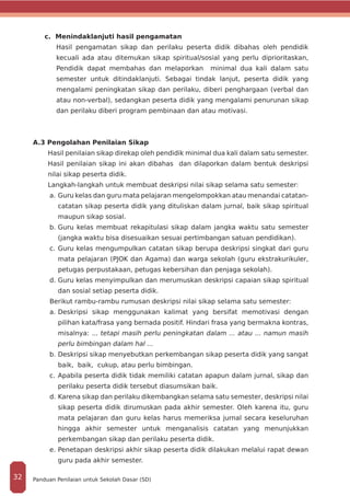 c. Menindaklanjuti hasil pengamatan
Hasil pengamatan sikap dan perilaku peserta didik dibahas oleh pendidik
kecuali ada atau ditemukan sikap spiritual/sosial yang perlu diprioritaskan,
Pendidik dapat membahas dan melaporkan minimal dua kali dalam satu
semester untuk ditindaklanjuti. Sebagai tindak lanjut, peserta didik yang
mengalami peningkatan sikap dan perilaku, diberi penghargaan (verbal dan
atau non-verbal), sedangkan peserta didik yang mengalami penurunan sikap
dan perilaku diberi program pembinaan dan atau motivasi.
A.3 Pengolahan Penilaian Sikap
Hasil penilaian sikap direkap oleh pendidik minimal dua kali dalam satu semester.
Hasil penilaian sikap ini akan dibahas dan dilaporkan dalam bentuk deskripsi
nilai sikap peserta didik.
Langkah-langkah untuk membuat deskripsi nilai sikap selama satu semester:
a.	Guru kelas dan guru mata pelajaran mengelompokkan atau menandai catatan-
catatan sikap peserta didik yang dituliskan dalam jurnal, baik sikap spiritual
maupun sikap sosial.
b.	Guru kelas membuat rekapitulasi sikap dalam jangka waktu satu semester
(jangka waktu bisa disesuaikan sesuai pertimbangan satuan pendidikan).
c.	Guru kelas mengumpulkan catatan sikap berupa deskripsi singkat dari guru
mata pelajaran (PJOK dan Agama) dan warga sekolah (guru ekstrakurikuler,
petugas perpustakaan, petugas kebersihan dan penjaga sekolah).
d.	Guru kelas menyimpulkan dan merumuskan deskripsi capaian sikap spiritual
dan sosial setiap peserta didik.
Berikut rambu-rambu rumusan deskripsi nilai sikap selama satu semester:
a.	Deskripsi sikap menggunakan kalimat yang bersifat memotivasi dengan
pilihan kata/frasa yang bernada positif. Hindari frasa yang bermakna kontras,
misalnya: ... tetapi masih perlu peningkatan dalam ... atau ... namun masih
perlu bimbingan dalam hal ...
b.	Deskripsi sikap menyebutkan perkembangan sikap peserta didik yang sangat
baik, baik, cukup, atau perlu bimbingan.
c.	Apabila peserta didik tidak memiliki catatan apapun dalam jurnal, sikap dan
perilaku peserta didik tersebut diasumsikan baik.
d.	Karena sikap dan perilaku dikembangkan selama satu semester, deskripsi nilai
sikap peserta didik dirumuskan pada akhir semester. Oleh karena itu, guru
mata pelajaran dan guru kelas harus memeriksa jurnal secara keseluruhan
hingga akhir semester untuk menganalisis catatan yang menunjukkan
perkembangan sikap dan perilaku peserta didik.
e.	Penetapan deskripsi akhir sikap peserta didik dilakukan melalui rapat dewan
guru pada akhir semester.
Panduan Penilaian untuk Sekolah Dasar (SD)32
 
