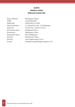 RAPOR
PESERTA DIDIK
SEKOLAH DASAR (SD)
Nama Sekolah	 :	 SD Bagimu Negeri
NPSN			:	101016404039
NISN/NIS		 :	 30401540/1415001
Alamat Sekolah	 :	 Jl. Ahmad Yani No. 45 Balikpapan
Kode Pos 		 :	 76126 Telp. (0543) 313414
Kelurahan/Desa	:	 BalikpapanUtara
Kecamatan		 :	 Balikpapan Utara
Kabupaten/Kota	 :	 Kota Balikpapan
Provinsi		 :	 Kalimantan Timur
Website		 :	 www.bagimunegeri.co.id
E-mail		 :	sdbagimunegeri@bagimunegeri.co.id
Panduan Penilaian untuk Sekolah Dasar (SD)82
 