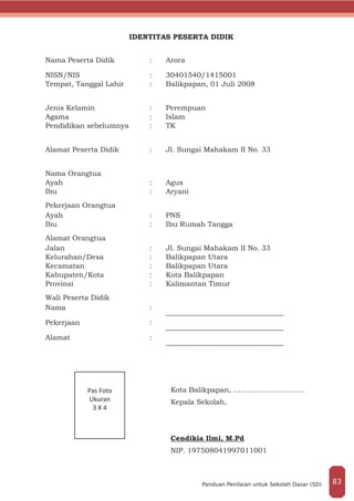 IDENTITAS PESERTA DIDIK
Nama Peserta Didik : Arora
NISN/NIS : 30401540/1415001
Tempat, Tanggal Lahir : Balikpapan, 01 Juli 2008
Jenis Kelamin : Perempuan
Agama : Islam
Pendidikan sebelumnya : TK
Alamat Peserta Didik : Jl. Sungai Mahakam II No. 33
Nama Orangtua
Ayah : Agus
Ibu	 : Aryani
Pekerjaan Orangtua
Ayah : PNS
Ibu	 : Ibu Rumah Tangga
Alamat Orangtua
Jalan : Jl. Sungai Mahakam II No. 33
Kelurahan/Desa : Balikpapan Utara
Kecamatan : Balikpapan Utara
Kabupaten/Kota : Kota Balikpapan
Provinsi : Kalimantan Timur
Wali Peserta Didik
Nama :
_________________________________
Pekerjaan :
_________________________________
Alamat :
_________________________________
						Kota Balikpapan, …………………………
						Kepala Sekolah,
				
						Cendikia Ilmi, M.Pd
						NIP. 197508041997011001
Pas Foto
Ukuran
3 X 4
83Panduan Penilaian untuk Sekolah Dasar (SD)
 