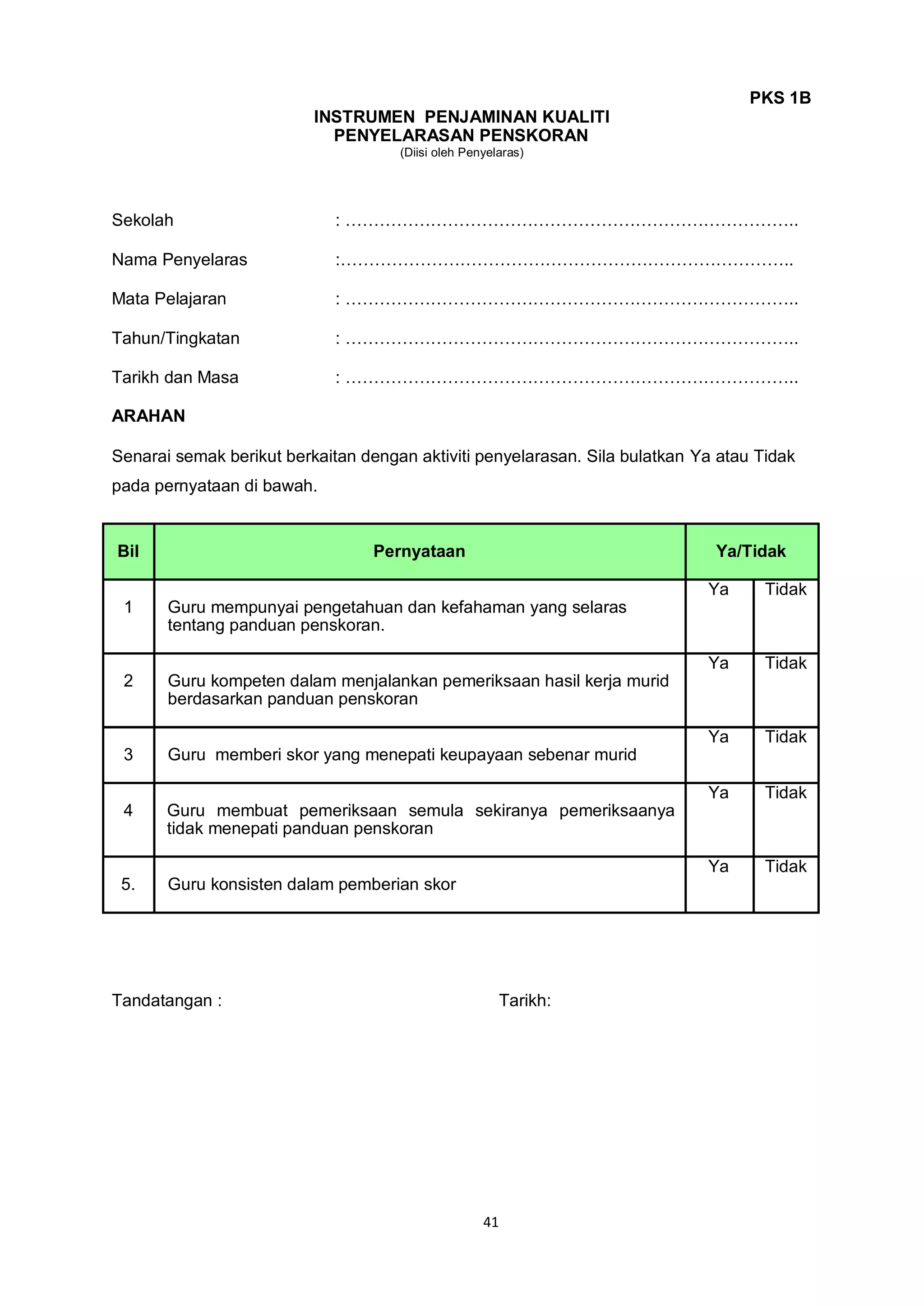 41
PKS 1B
INSTRUMEN PENJAMINAN KUALITI
PENYELARASAN PENSKORAN
(Diisi oleh Penyelaras)
Sekolah : ……………………………………………………………………..
Nama Penyelaras :……………………………………………………………………..
Mata Pelajaran : ……………………………………………………………………..
Tahun/Tingkatan : ……………………………………………………………………..
Tarikh dan Masa : ……………………………………………………………………..
ARAHAN
Senarai semak berikut berkaitan dengan aktiviti penyelarasan. Sila bulatkan Ya atau Tidak
pada pernyataan di bawah.
Bil Pernyataan Ya/Tidak
1 Guru mempunyai pengetahuan dan kefahaman yang selaras
tentang panduan penskoran.
Ya Tidak
2 Guru kompeten dalam menjalankan pemeriksaan hasil kerja murid
berdasarkan panduan penskoran
Ya Tidak
3 Guru memberi skor yang menepati keupayaan sebenar murid
Ya Tidak
4 Guru membuat pemeriksaan semula sekiranya pemeriksaanya
tidak menepati panduan penskoran
Ya Tidak
5. Guru konsisten dalam pemberian skor
Ya Tidak
Tandatangan : Tarikh:
 