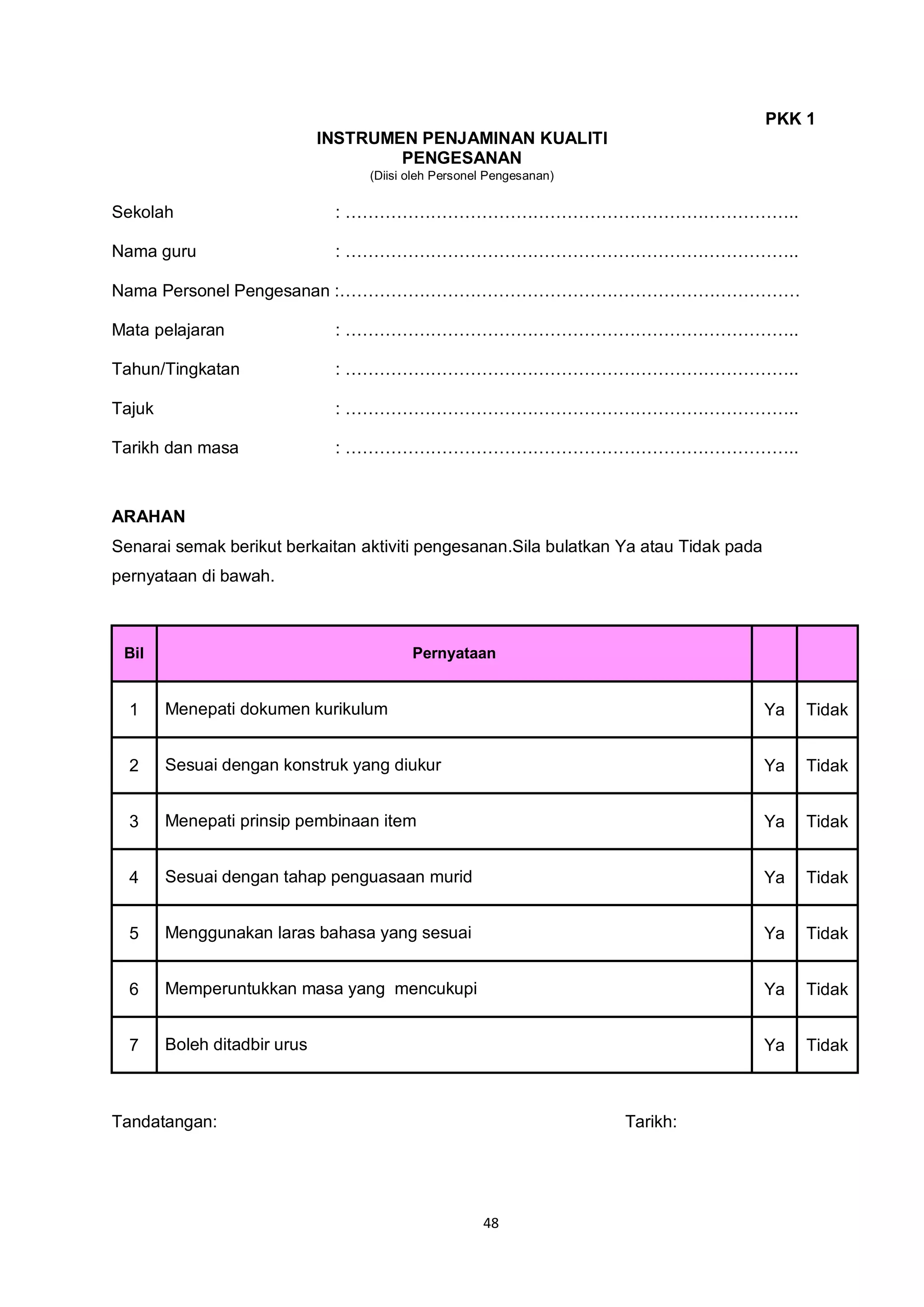 48
PKK 1
INSTRUMEN PENJAMINAN KUALITI
PENGESANAN
(Diisi oleh Personel Pengesanan)
Sekolah : ……………………………………………………………………..
Nama guru : ……………………………………………………………………..
Nama Personel Pengesanan :………………………………………………………………………
Mata pelajaran : ……………………………………………………………………..
Tahun/Tingkatan : ……………………………………………………………………..
Tajuk : ……………………………………………………………………..
Tarikh dan masa : ……………………………………………………………………..
ARAHAN
Senarai semak berikut berkaitan aktiviti pengesanan.Sila bulatkan Ya atau Tidak pada
pernyataan di bawah.
Bil Pernyataan
1 Menepati dokumen kurikulum Ya Tidak
2 Sesuai dengan konstruk yang diukur Ya Tidak
3 Menepati prinsip pembinaan item Ya Tidak
4 Sesuai dengan tahap penguasaan murid Ya Tidak
5 Menggunakan laras bahasa yang sesuai Ya Tidak
6 Memperuntukkan masa yang mencukupi Ya Tidak
7 Boleh ditadbir urus Ya Tidak
Tandatangan: Tarikh:
 