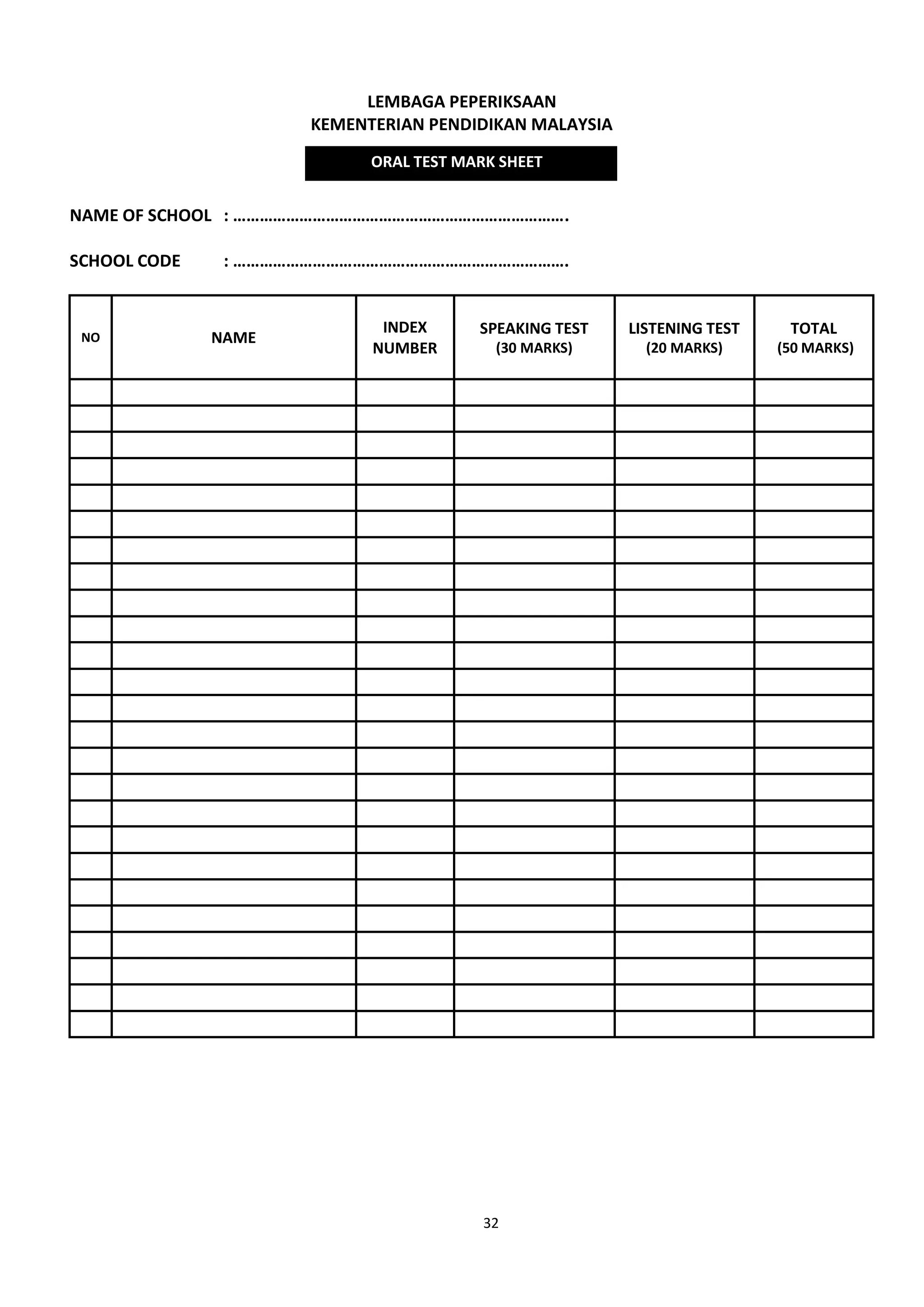 32
LEMBAGA PEPERIKSAAN
KEMENTERIAN PENDIDIKAN MALAYSIA
NAME OF SCHOOL : ………………………………………………………………….
SCHOOL CODE : ………………………………………………………………….
NO NAME
INDEX
NUMBER
SPEAKING TEST
(30 MARKS)
LISTENING TEST
(20 MARKS)
TOTAL
(50 MARKS)
ORAL TEST MARK SHEET
 