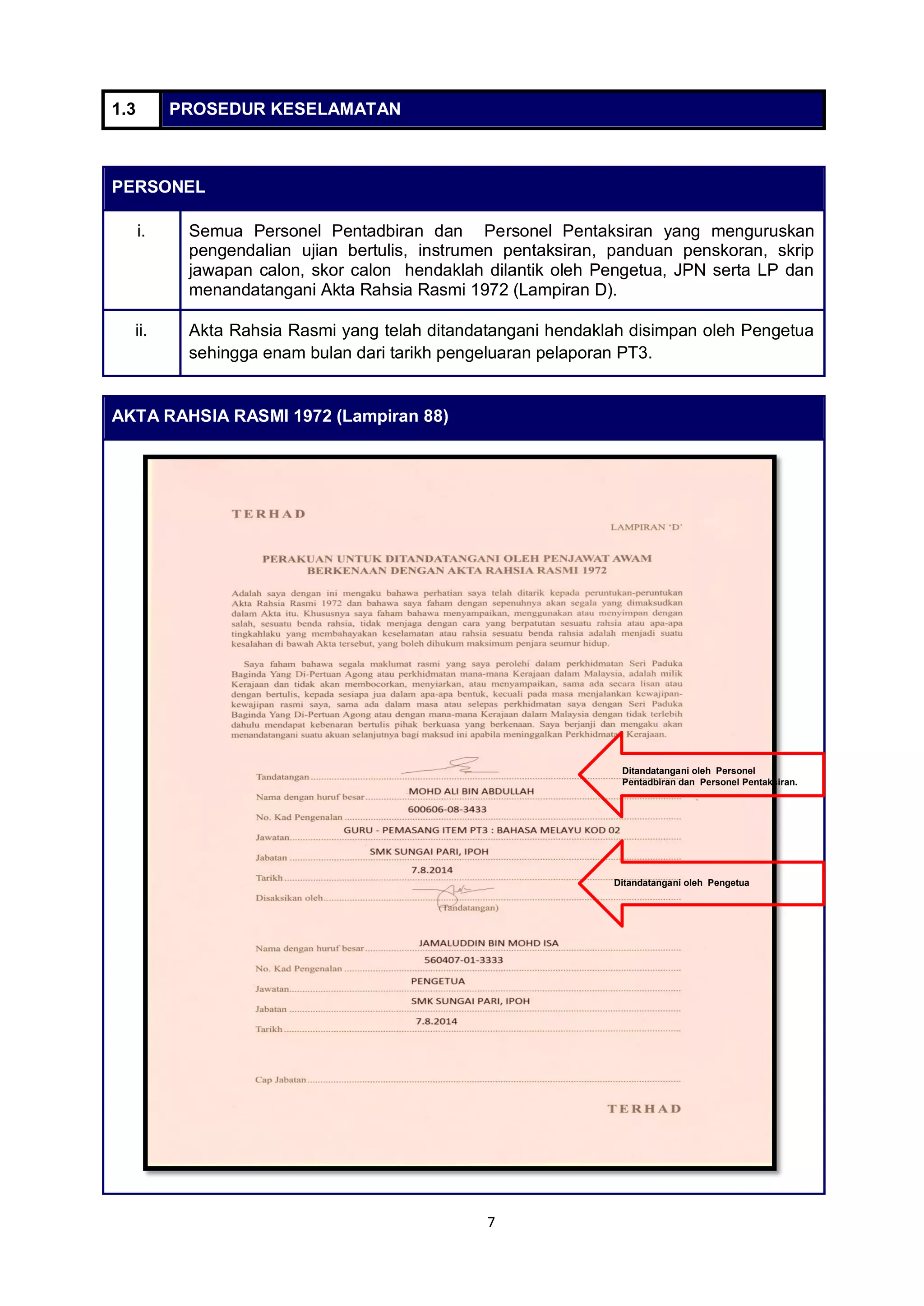 7
1.3 PROSEDUR KESELAMATAN
PERSONEL
i. Semua Personel Pentadbiran dan Personel Pentaksiran yang menguruskan
pengendalian ujian bertulis, instrumen pentaksiran, panduan penskoran, skrip
jawapan calon, skor calon hendaklah dilantik oleh Pengetua, JPN serta LP dan
menandatangani Akta Rahsia Rasmi 1972 (Lampiran D).
ii. Akta Rahsia Rasmi yang telah ditandatangani hendaklah disimpan oleh Pengetua
sehingga enam bulan dari tarikh pengeluaran pelaporan PT3.
AKTA RAHSIA RASMI 1972 (Lampiran 88)
Ditandatangani oleh Personel
Pentadbiran dan Personel Pentaksiran.
Ditandatangani oleh Pengetua
 